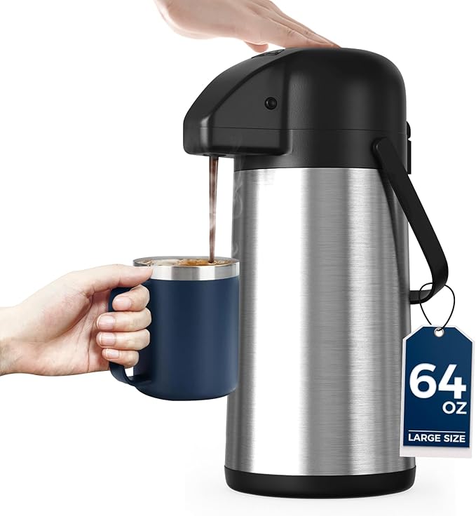 Coffee Carafe for Keeping Hot - Gezoss 64OZ / 1.9L Airpot Coffee Dispenser with Pump - Large Coffee Carafe for Hot Drinks Tea Liquid - Insulated Stainless Steel Hot Water Beverage Urn for Parties by Unknown