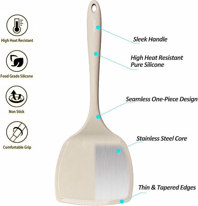 Silicone Pancake Spatula Turner with Lengthened Handle& Seamless Design, Heat Resistant Cooking Spatulas for Nonstick Cookware, Large Flexible Kitchen Utensils, Flipper for Egg, Pancake, Burger, Khaki