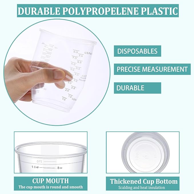 Taeku Measuring Cups Plastic, 8 oz Disposable Clear Epoxy Cups for Resin Reusable Multipurpose Stain Paint Liquid Mixing Cups for Cooking Baking (Pack of 50)
