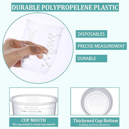 Taeku Measuring Cups Plastic, 8 oz Disposable Clear Epoxy Cups for Resin Reusable Multipurpose Stain Paint Liquid Mixing Cups for Cooking Baking (Pack of 50)