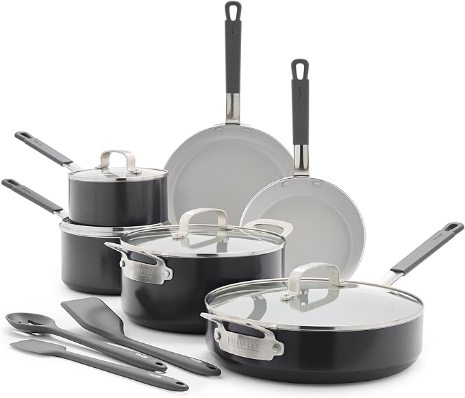 GreenPan x Bobby Flay 13 Piece Nonstick Cookware Pots and Pans Set, PFAS-Free Diamond Ceramic, Induction Suitable, Easy Clean Dishwasher & Oven Safe, Stay-Cool Silicone Handles, Glass Lids, Graphite by GreenPan