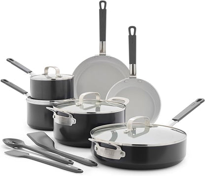 GreenPan x Bobby Flay 13 Piece Nonstick Cookware Pots and Pans Set, PFAS-Free Diamond Ceramic, Induction Suitable, Easy Clean Dishwasher & Oven Safe, Stay-Cool Silicone Handles, Glass Lids, Graphite by GreenPan