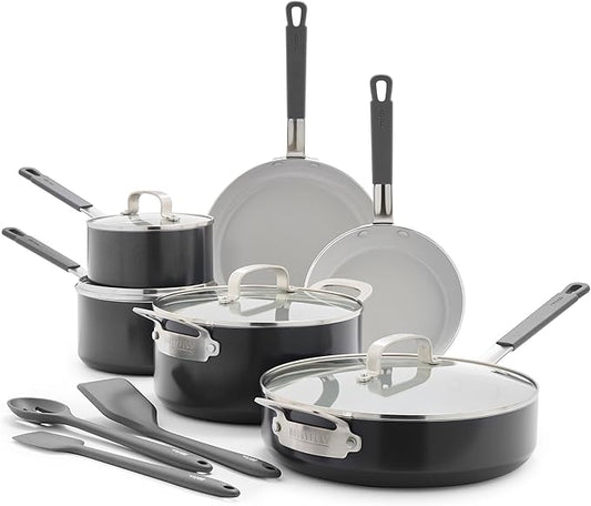 GreenPan x Bobby Flay 13 Piece Nonstick Cookware Pots and Pans Set, PFAS-Free Diamond Ceramic, Induction Suitable, Easy Clean Dishwasher & Oven Safe, Stay-Cool Silicone Handles, Glass Lids, Graphite by GreenPan