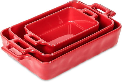 VICRAYS Ceramic Bakeware Set, Porcelain Rectangular Baking Dish, Baking Pan Lasagna Pans Casserole Dish Set for Cooking, Kitchen, Cake Dinner, Banquet and Daily Use, 3 PCS, 15 x 8.5 Inches (Red) by VicraysCeramic