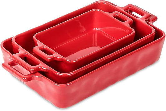 VICRAYS Ceramic Bakeware Set, Porcelain Rectangular Baking Dish, Baking Pan Lasagna Pans Casserole Dish Set for Cooking, Kitchen, Cake Dinner, Banquet and Daily Use, 3 PCS, 15 x 8.5 Inches (Red) by VicraysCeramic
