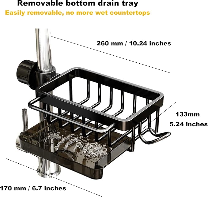Sink Organizer Rack for Kitchen and Bathroom, 2025 New Stainless Steel Detachable Hanging Faucet Drain Rack with Drip Tray Faucet Sponge Holder for Bathroom (Black, Right) - Image 8