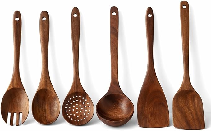 Teak Wood Kitchen Utensils Set – 6 Piece, Sustainable Teak Cooking Utensils, Non-Stick Safe, Heat Resistant Wooden Spoons & Spatulas