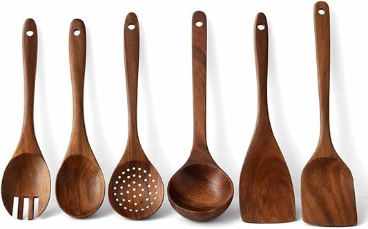 Teak Wood Kitchen Utensils Set – 6 Piece, Sustainable Teak Cooking Utensils, Non-Stick Safe, Heat Resistant Wooden Spoons & Spatulas