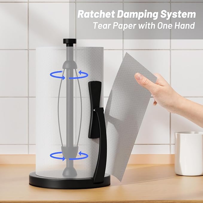 VEHHE Paper Towel Holder Countertop, One-Handed Tear, Stainless Steel, Stand Paper Towel Holder with Spring Activated Arm & Non Slip Weighted Base, for Kitchen Bathroom (Black) - Image 2