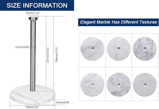 NearMoon Standing Paper Towel Holder, Kitchen Paper Towel Tissue Holder- for Bathroom Kitchen Countertop, Standard or Jumbo-Sized Roll Paper (with Marble Base, Brushed Nickel) - Image 3