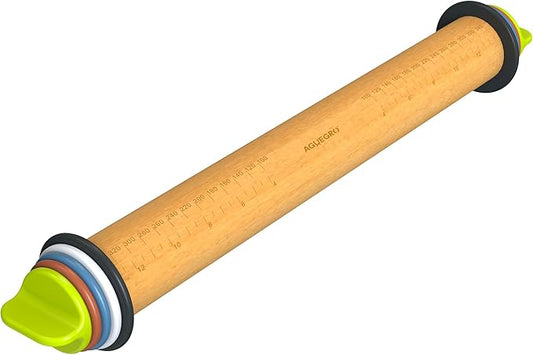 Rolling Pin with Adjustable Thickness Ring, Dough Thickness for Baking, Fondant, Pizza, Crust, Cookies, Pastry, 13.6'' Wooden Rolling Pin with 4 Multi-Color Thickness Rings by Aguegro