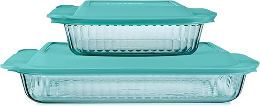 Pyrex Colors Tinted (2-Pack, Full Set) Tinted Glass Baking Dish with BPA-Free Lid, Oblong Bakeware Glass Pan For Casserole & Lasagna, Dishwasher, Freezer, Microwave and Pre-Heated Oven Safe, Aqua by Pyrex