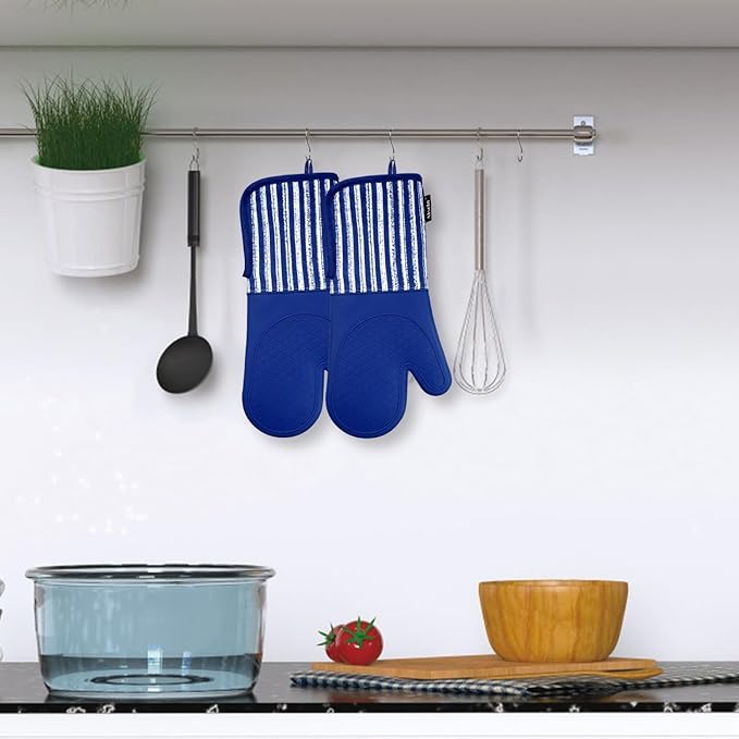 Alselo Silicone Oven Mitts Heat Resistant 932℉ with Waterproof & Non-Slip Kitchen Mittens, Set of 2 Extra Long Oven Gloves with Soft Cotton Terry Lining for Baking Cooking Barbecue (Cobait Blue, 2) - Image 8