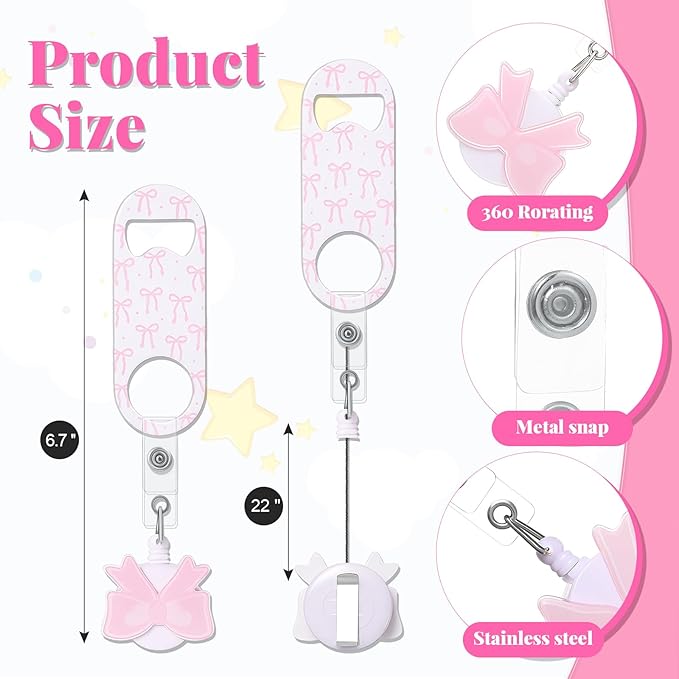 Honoson 8 Pieces Retractable Flat Bottle Opener Bartender Beer Opener with Round Badge Reel Clips Holder Bar Keys for Bartender Gifts Kitchen Home Party Supplies (Bow,Pink) - Image 2