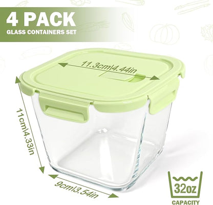 Glass Soup Containers with Lids 32oz - Borosilicate Glass Storage Containers 4 Cup, Freezer to Microwave Safe, Airtight Leak Proof, Square Meal Prep Containers for Lunch Travel- 4 Pack