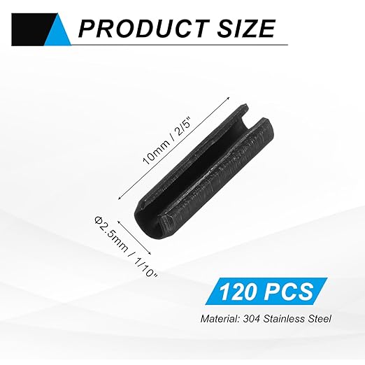 MECCANIXITY 120Pcs Slotted Split Roll Pins 1/10 Inch(2.5mm) Dia. 2/5 Inch(10mm) Length Steel Spring Tension Expansion Dowels for Secure Fastening, Black