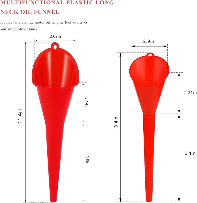 2 PCS Oil Funnel, Multi-Purpose Plastic Long Neck Oil Funnel, Automotive Use Funnels for Filling Oils Lubricants Water Diesel, Kitchen Funnels for Filling Bottles Jars (Red, L+S)