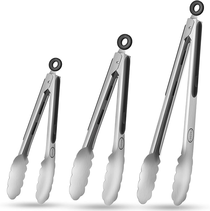 TACGEA Stainless Steel Kitchen Tongs, Silicone Non-slip Grip, Locking Grilling Food Tongs Set of 3-7inch, 9inch and 12inch by TACGEA