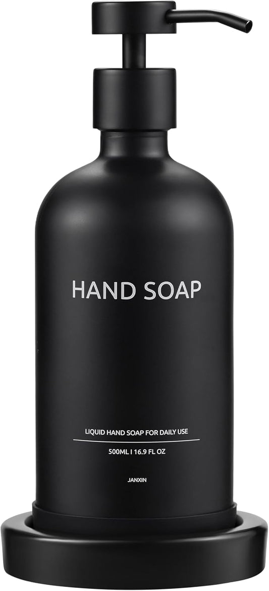 Glass Soap Dispenser Bathroom Set by Janxin, Foaming Kitchen soap Dispenser with Ceramic Tray for Dish Soap, Liquid Soap Dispenser for Hand Soap, Lotion, Body Wash (Black)