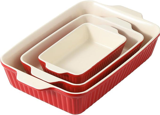DOWAN Casserole Dishes for Oven, Set of 3 Rectangular Ceramic Baking Dishes, 135 oz Capacity, Red (15.6''/12.2''/8.9'') by DOWAN