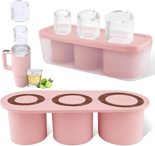 Tcamp Tumbler Ice Mold, Ice Cube Tray for 30 oz -40 oz Tumbler Cup, 3 Pcs Silicone Hollow Cylinder Ice Mold with Lid and Bin for Freezer, Ice Drink, Juice, Whiskey, Cocktail (Pink)