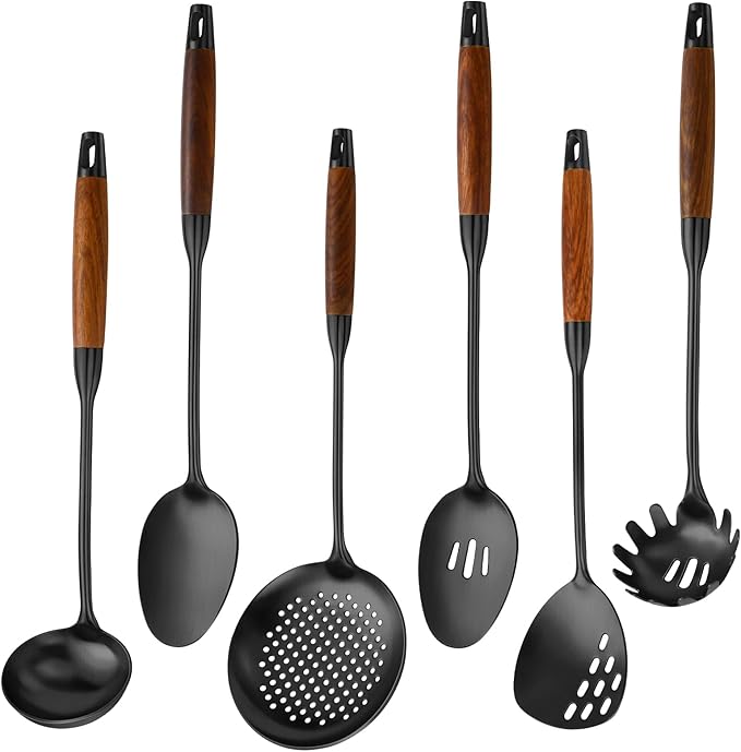 Izurok 18/10 Stainless Steel Kitchen Utensils Set,6 Piece Cooking Utensils With Wood Handle,Heat Resistant Kitchen Tool Set With Spatula, Spoon, Ladle, Skimmer, Slotted Spoon, Pasta by IzurokBuynow