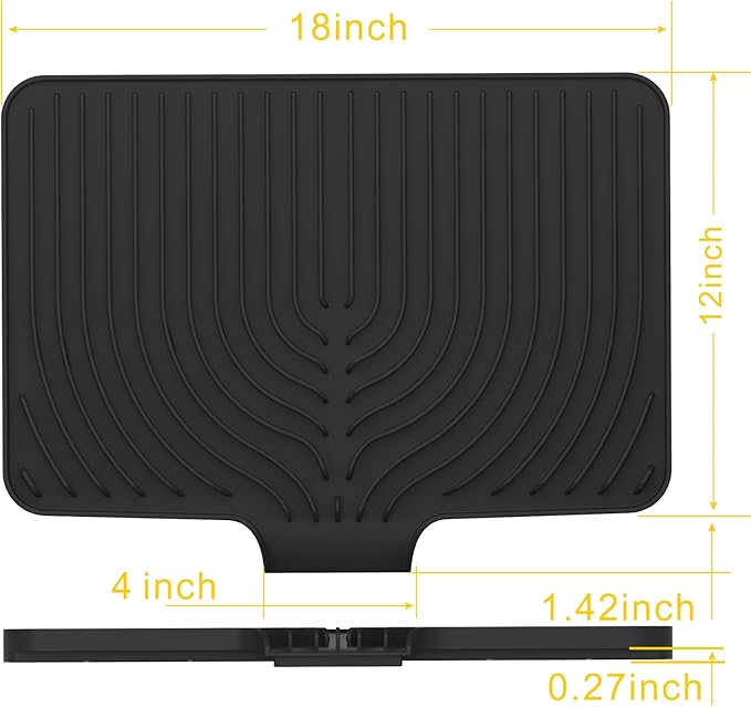 Silicone Dish Drying Mat for Kitchen Counter , Dish Drying Rack Matt with Built in Drain, 18 Inch dish Dry Mats for Kitchen Counter,Bumps up sink Applicable (18×12inch Extra Raised, black)