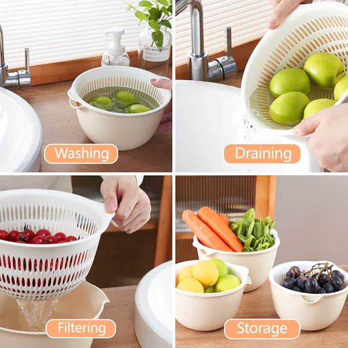2 in 1 Kitchen Colander Set with Bowl Strainer (2 Sets 2.5 Qt),BPA Free Plastic Fruits and Vegetable Washing Basket,Dishwasher Friendly Double Layered Drain Basin,for Pasta Salad Berry Cleaning Mixing - Image 7