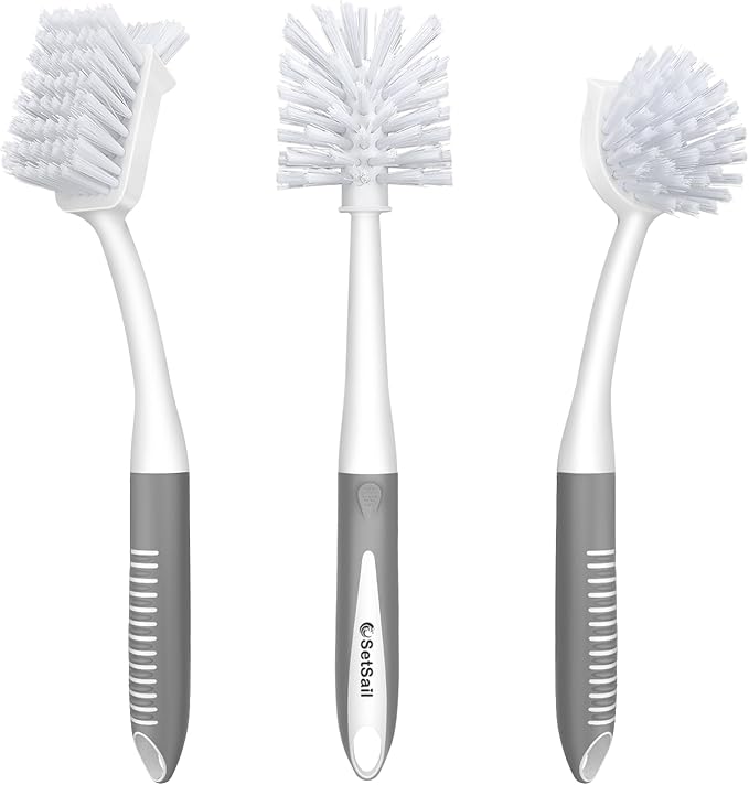 SetSail Dish Brush Set of 3 Piece, Dish Scrub Brush with Long Handle Deep Cleaning Brush with Scraper Tip for Kitchen Dishes Bottle Cup Pot Pan, Grey by SetSail