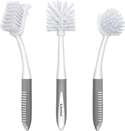SetSail Dish Brush Set of 3 Piece, Dish Scrub Brush with Long Handle Deep Cleaning Brush with Scraper Tip for Kitchen Dishes Bottle Cup Pot Pan, Grey by SetSail