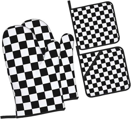 Checkered Black and White Plaid Oven Mitts and Pot Holders Set of 4,Heat Resistant Non-Slip Potholders Oven Gloves and Pad for Kitchen Cooking Baking Grilling BBQ