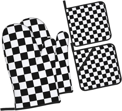 Checkered Black and White Plaid Oven Mitts and Pot Holders Set of 4,Heat Resistant Non-Slip Potholders Oven Gloves and Pad for Kitchen Cooking Baking Grilling BBQ