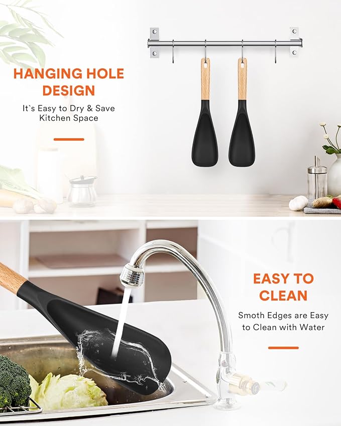 Cooking Spoon for Nonstick Cookwares, Great for Cooking and Serving Sturdy BPA-Free Matte Silicone, Wood Handle Spoon for Mixing, Scoop, and Scrape (2 Pack of Black, 11.4 inch) - Image 7