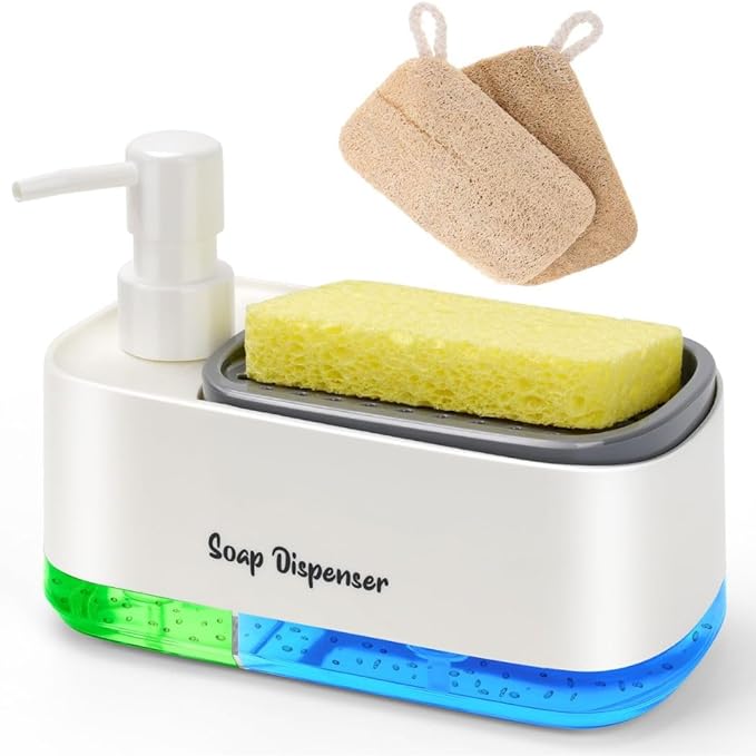 5-in-1 Kitchen Soap Dispenser Set with Sponge Holder - Dual Hand & Dish Soap Pump Dispenser for Sink Countertop with 2-Packs Natural Loofah Dish Sponge Dishwashing Scrubber,White by Unknown