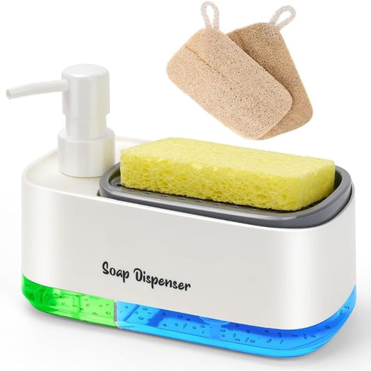 5-in-1 Kitchen Soap Dispenser Set with Sponge Holder - Dual Hand & Dish Soap Pump Dispenser for Sink Countertop with 2-Packs Natural Loofah Dish Sponge Dishwashing Scrubber,White by Unknown