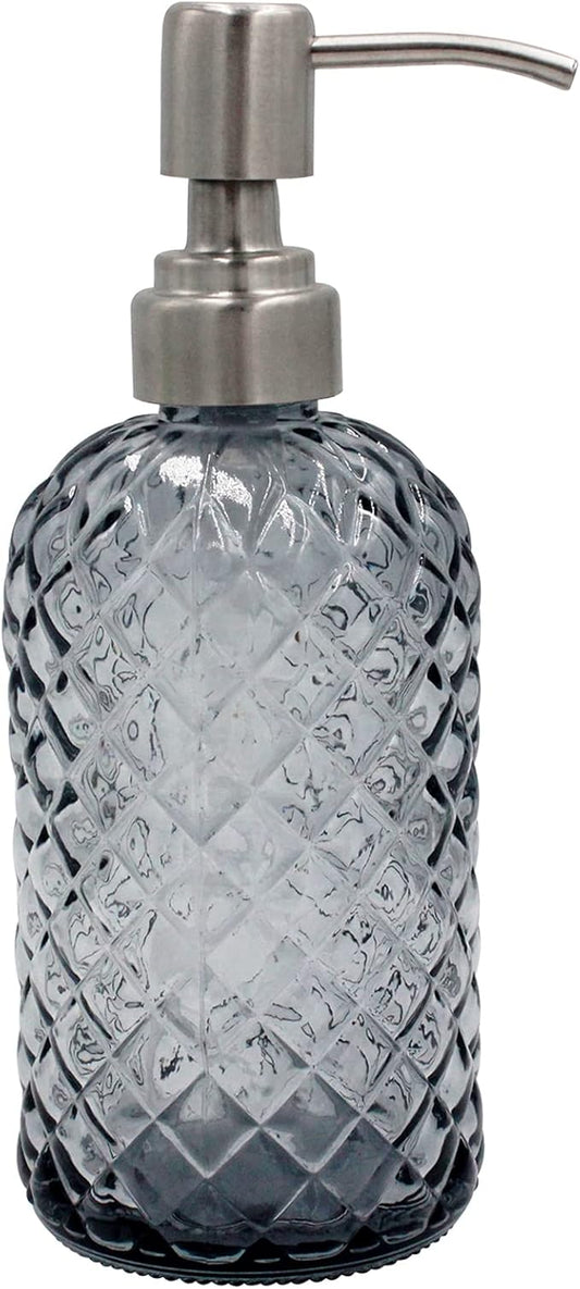 16 oz Diamond Pattern Glass Soap Dispenser, Kitchen and Bathroom Refillable Soap Dispenser with Rust Resistant Stainless Steel Pump for Hand Soap, Lotion Glass Liquid Dispenser (Grey) by SDlumeiy