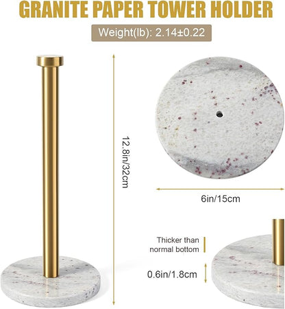 Koville Paper Towel Holder Countertop, Standing Paper Roll Holder with 6" Weighted Marble Base, Stone Paper Towel Holder with Gold Stainless Steel Rod for Kitchen Bathroom (River White)