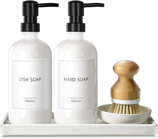 GMISUN Kitchen Soap Dispenser Set, 16 Oz Hand and Dish Soap Dispenser with Ceramic Tray & Bamboo Dish Brush, 2 Pack White Glass Liquid Pump Bottle, Modern Farmhouse Refillable Dish Soap Bottle by GMISUN