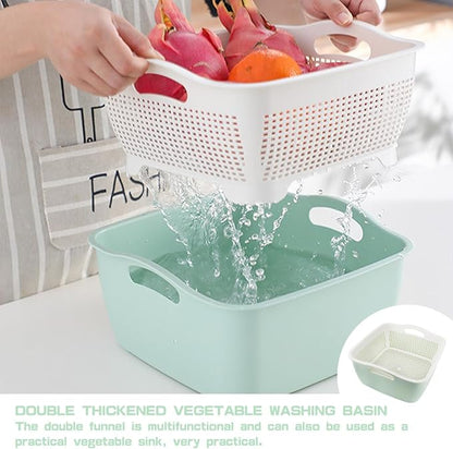 Double-layer Draining Basket Plastic Fruits & Vegetable Wash & Drain Basket, Multi-layer Stackable for Kitchen (Green)