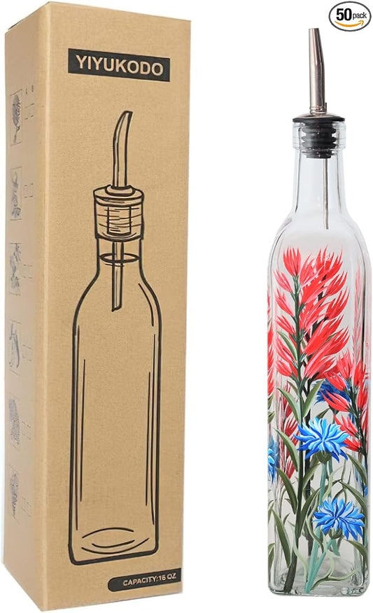 17oz Hand Painted Glass Olive Oil Bottle - 500ml Green Oil & Vinegar Cruet with Pourers - Olive Oil Carafe Decanter for Kitchen (Red and blue flower)