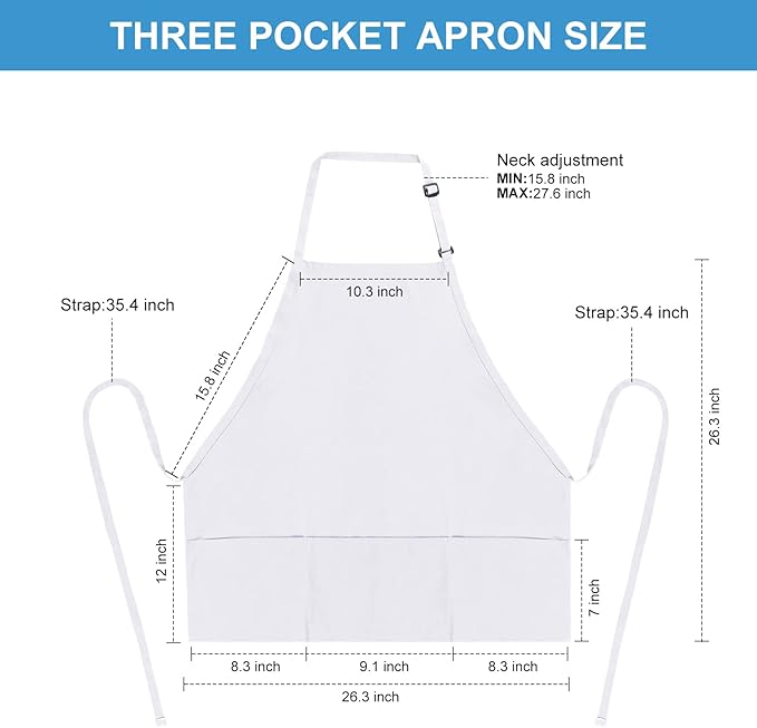 Jubatus 2 Pack 3 Pockets 100% Cotton Adjustable Bib Apron Chef Kitchen Cooking Aprons for Women Men, White - Image 6