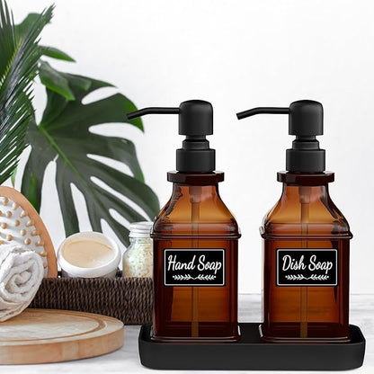 LMQML Soap Dispenser - 2 Pack, Antique Design Thick Amber Glass Hand Soap Dispensers with Sturdy Tray; 304 Rust Proof Stainless Steel Black Pump, 12Pcs Stickers, for Kitchen, Bathroom- Black - Image 5