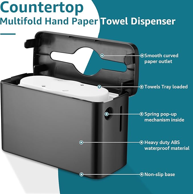 Multifold Paper Towel Dispenser Countertop, Heavy Duty Wide-Design, 300-Sheet Large Capacity Black Paper Towel Holder, Compatible with Tork, AmazonCommercial, Kleenex, Scott, Pacific Multifold Towels - Image 6