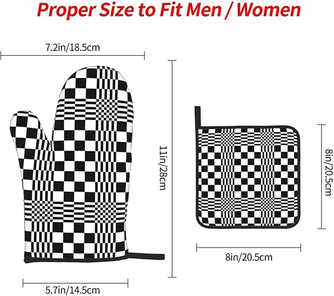 Black and White Optical Illusion Checkered Oven Mitt & Pot Holder Set (3-Piece) - Heat Resistant Non-Slip Kitchen Gloves Gift for Cooking Enthusiasts, Modern Kitchen Decor for Baking Grilling, Black - Image 9