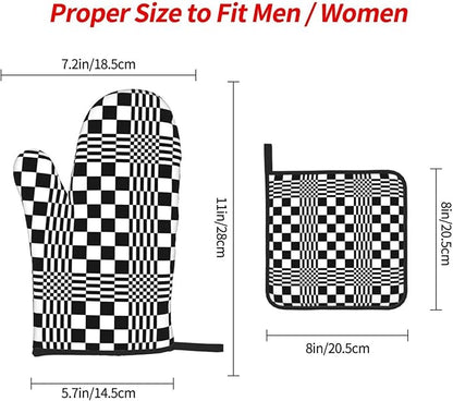 Black and White Optical Illusion Checkered Oven Mitt & Pot Holder Set (3-Piece) - Heat Resistant Non-Slip Kitchen Gloves Gift for Cooking Enthusiasts, Modern Kitchen Decor for Baking Grilling, Black - Image 9