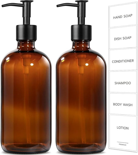 GMISUN Amber Glass Soap Dispenser, 2 Pack Bathroom Hand Soap Dispensers with Stainless Steel Pump, 17 Fl Oz Kitchen Hand and Dish Soap Dispenser Set, Modern Vintage Liquid Brown Soap Dispensers Bottle by GMISUN