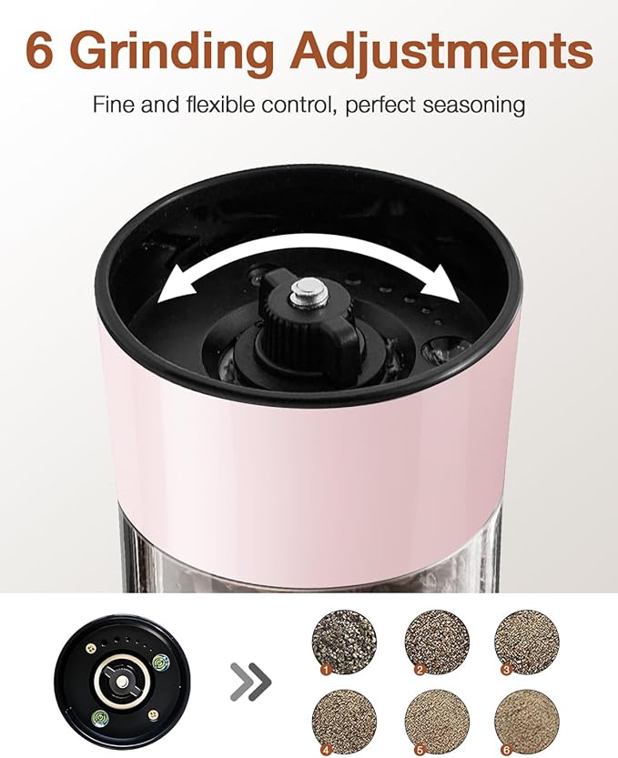 Gravity Electric Salt and Pepper Grinder Set with USB-C Charging Base,Rechargeable Automatic Stainless Steel Pepper Mill Grinder with LED Light, 2pack+Peach Orange (Morning Haze+Petal Pink)