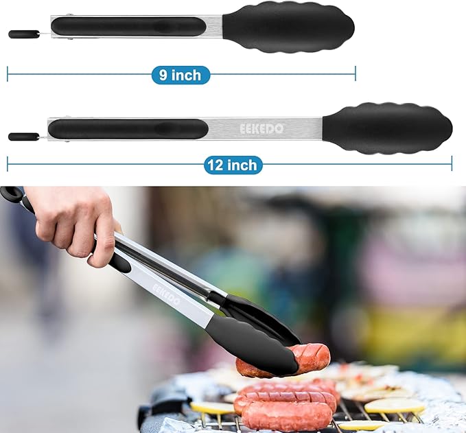 Tongs for Cooking, 600ºF High Heat-Resistant Stainless Steel Kitchen Tongs with Silicone Tips, Non Scratch, Locking Tong for BBQ Grilling Air Fryer Food Salads, Set of 2 (9" and 12") Black - Image 6