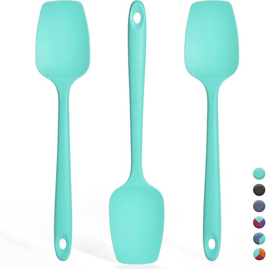 Silicone Spoonula Set: 600ºF Heat Resistant Food Grade Cooking Baking Utensils, Kitchen Flexible Nonstick Rubber Pan Spoon Spatula for Mixing, Scrambling, Scooping (3 Pieces, Aqua Sky)