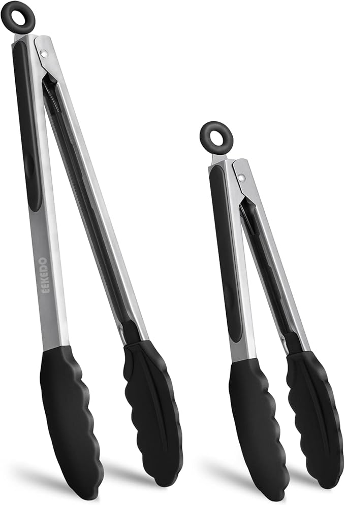 Tongs for Cooking, 600ºF High Heat-Resistant Stainless Steel Kitchen Tongs with Silicone Tips, Non Scratch, Locking Tong for BBQ Grilling Air Fryer Food Salads, Set of 2 (9" and 12") Black by EEKEDO